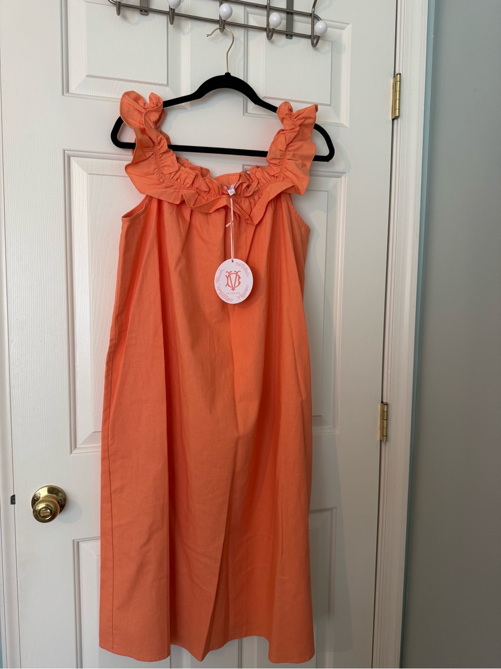 Victoria Dunn Coral Orange Ruffle-Trim Midi Dress